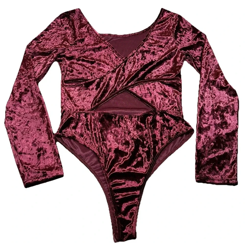 Lush Crushed Velvet Long Sleeve Bodysuit Burgundy Wine Holiday Party Women's L - Picture 3 of 10